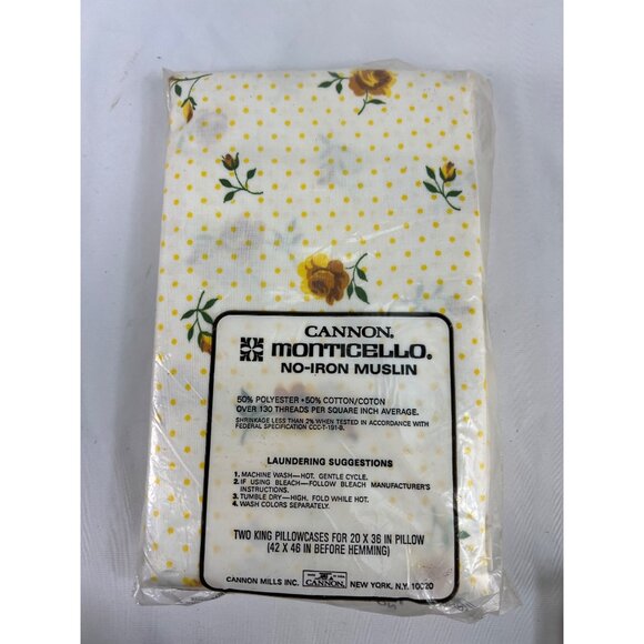 VTG Cannon Monticello Yellow Rose No-Iron Muslin King Size Floral Pillowcases - Picture 2 of 3